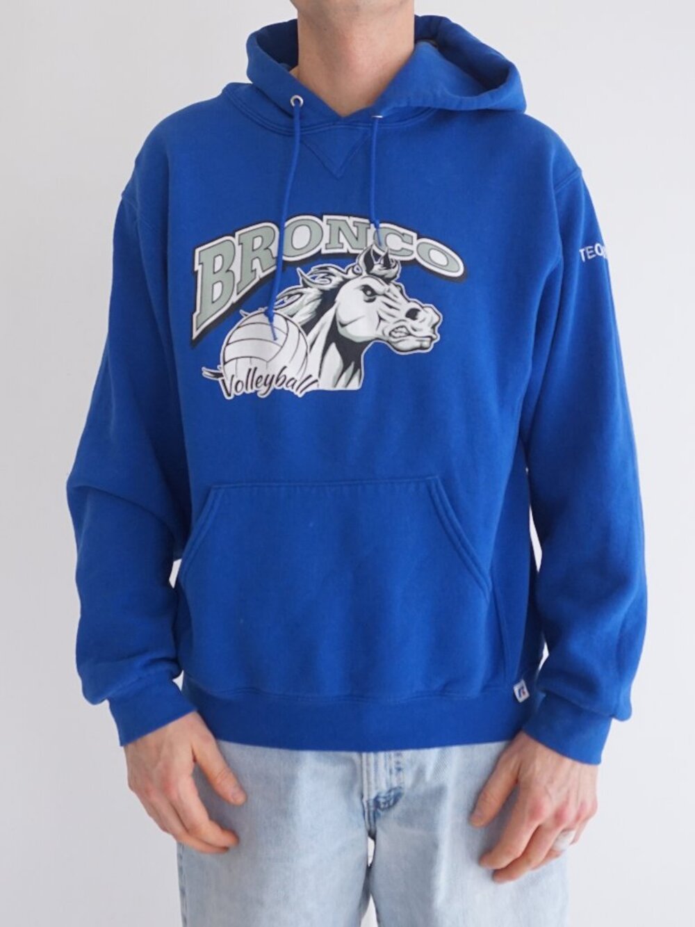 Vintage Russell Blue Bronco Volleyball Graphic Hoodie Sweatshirt Pullover M